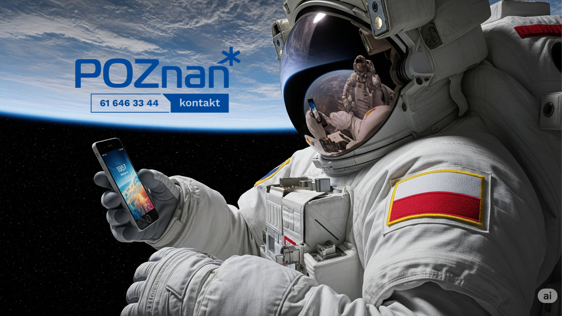 Infolinia miejska: Wszechświat możliwości w Twojej słuchawce! / fot. zdjęcie wygenerowane przez AI astronauta w przestrzeni kosmicznej z naszywką w barwach flagi Polski trzyma w ręce telefon, w lewym górnym rogu znajduje się logo "POZnan*KONTAKT"