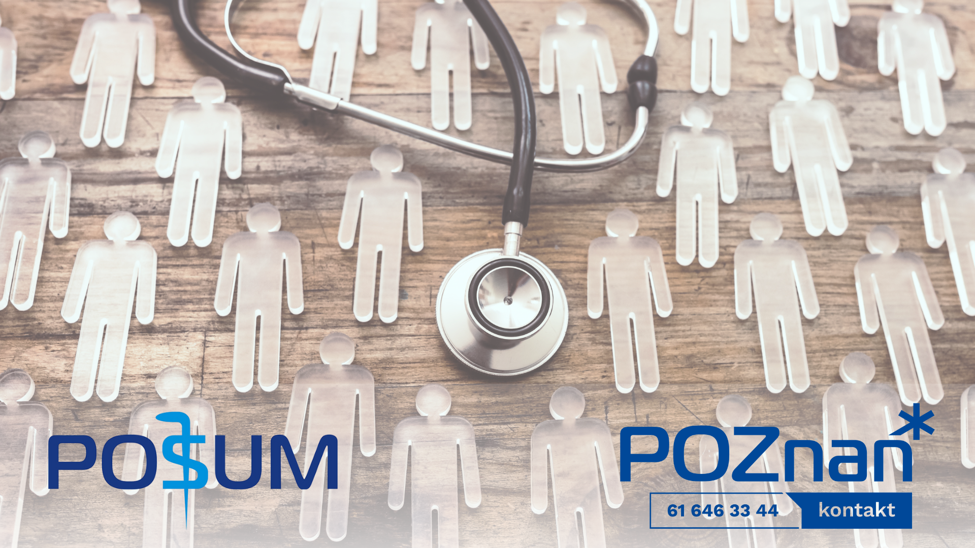 Grafika predatawia stetoskop na ciemnoniebieskim tle oraz białe zarysy postaci ludzkich, a także logo Biura Poznań Kontakt oraz POSUM