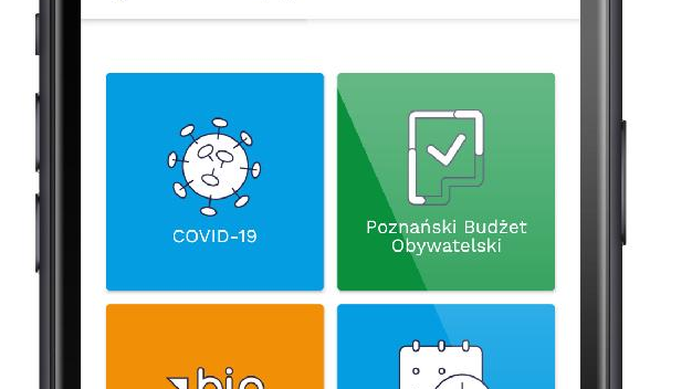 Grafika przedstawia smartfon z uruchomioną aplikacją Smart City Poznań.