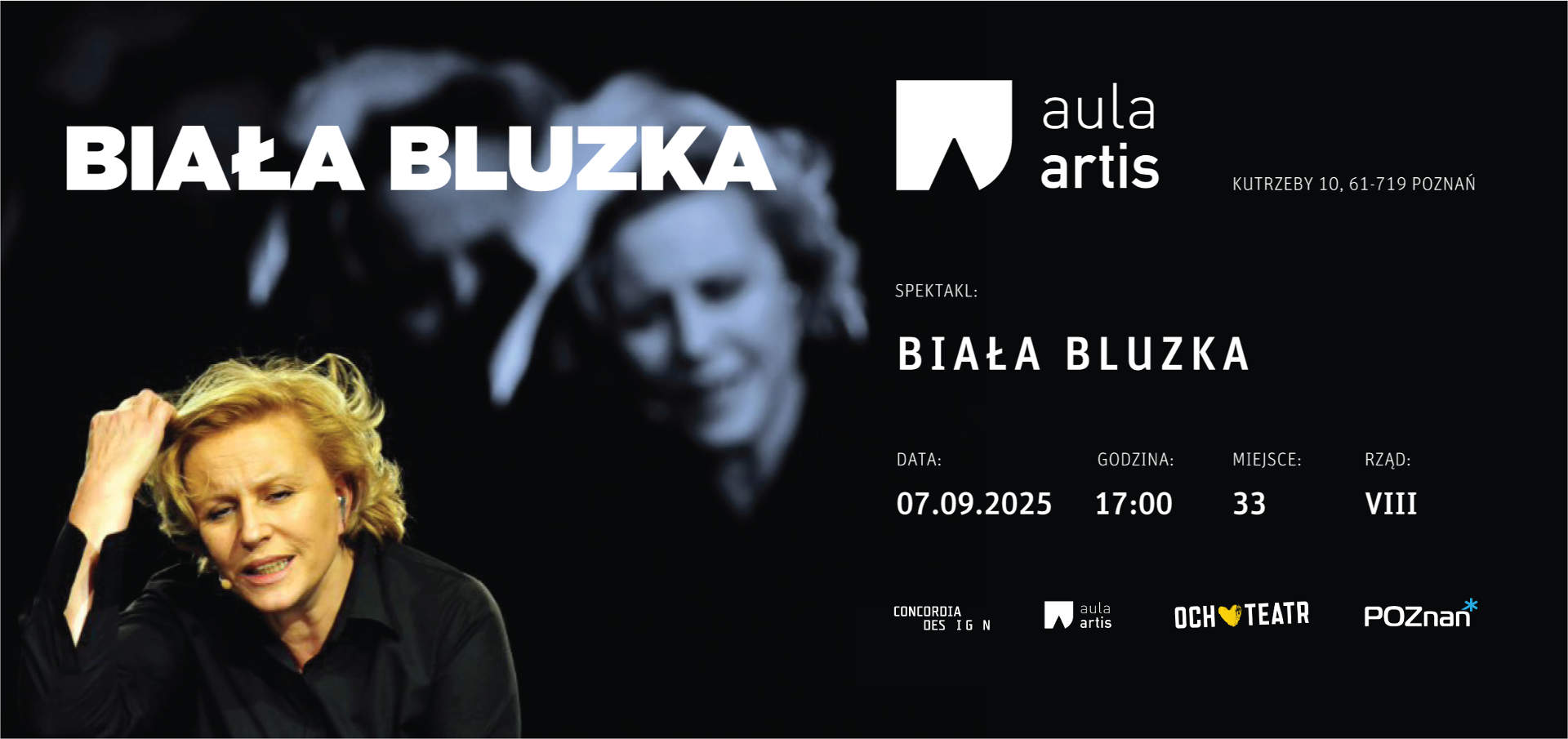 Zdjęcie przedstawia aktorkę Krystynę Jandę podczas gry w sztuce teatralnej oraz informacje na temat bezpłatnego wydarzenia teatralnego dla seniorów - grafika artykułu