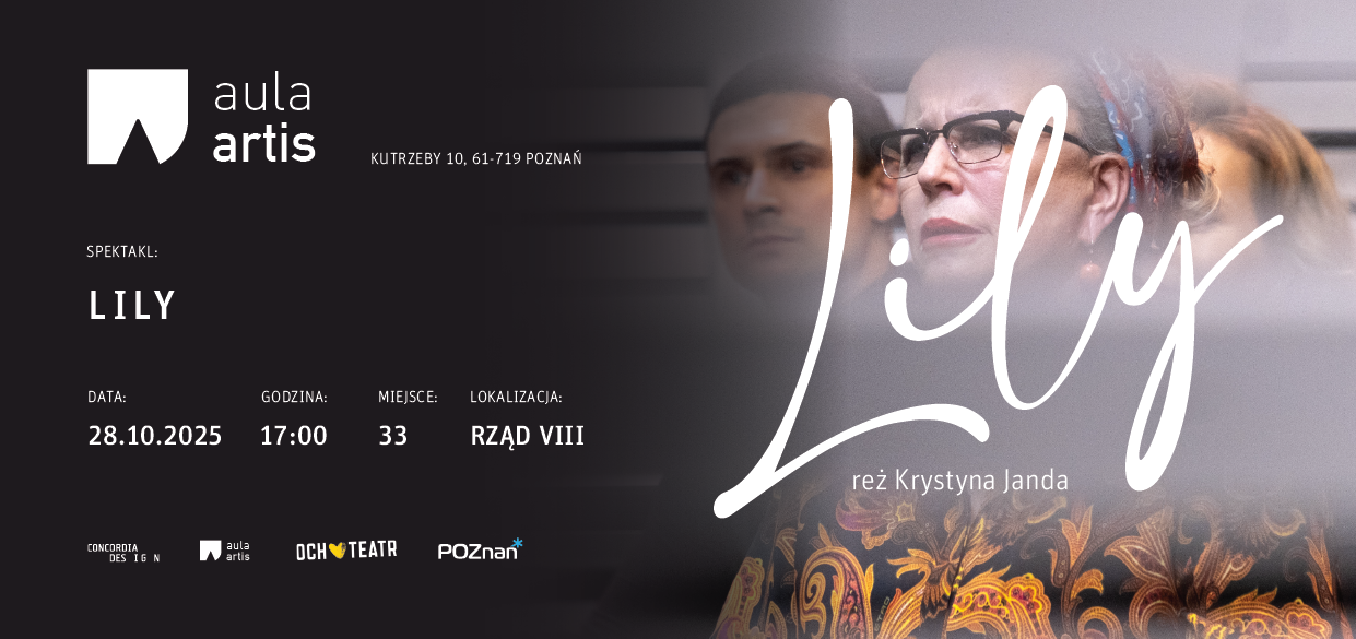 Grafika przedstawia bilet w kolorze czarnym na spektakl pt."Lily" oraz portrety aktorów występujących w przedstawieniu - grafika artykułu