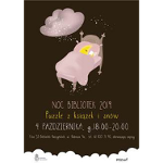 Plakat: brazowe tło. W łóżku śpi księżyc z książką.