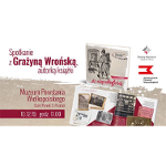 Plakat wydarzenia: okładka książki oraz otwarte strony. Zdjęcia Poznania, szkic powstańca.