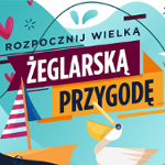 Niebieskie tło, po lewej kolorowa żaglówka, po prawej pelikan, na górze napisy.