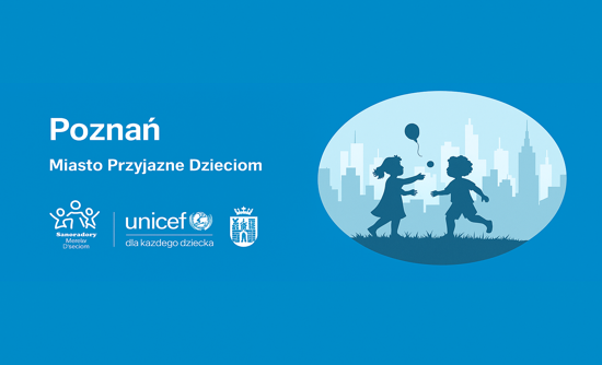 Baner promujący Poznań jako Miasto Przyjazne Dzieciom.