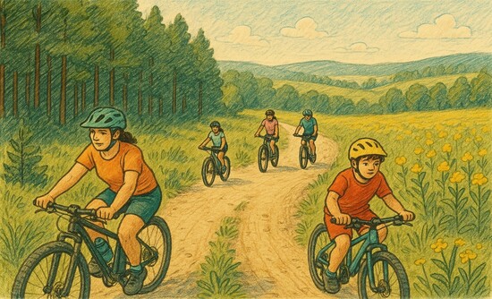 Rysunek rowerzystów jadących wśród pól.