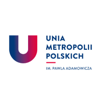 Fioletowo-różowe logo wraz z tekstem na białym tle