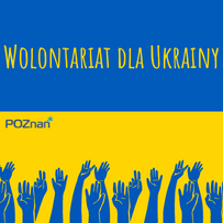 Niebiesko-żólty obrazek z napisem Wolontariat dla Ukrainy