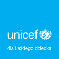 Na niebieskim tle biały symbol UNICEF. Tytuł: Unicef. Dla każdego dziecka