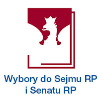 Biały orzeł na czerwonym tle z ramką."Wybory do Sejmu RP i Senatu RP."
