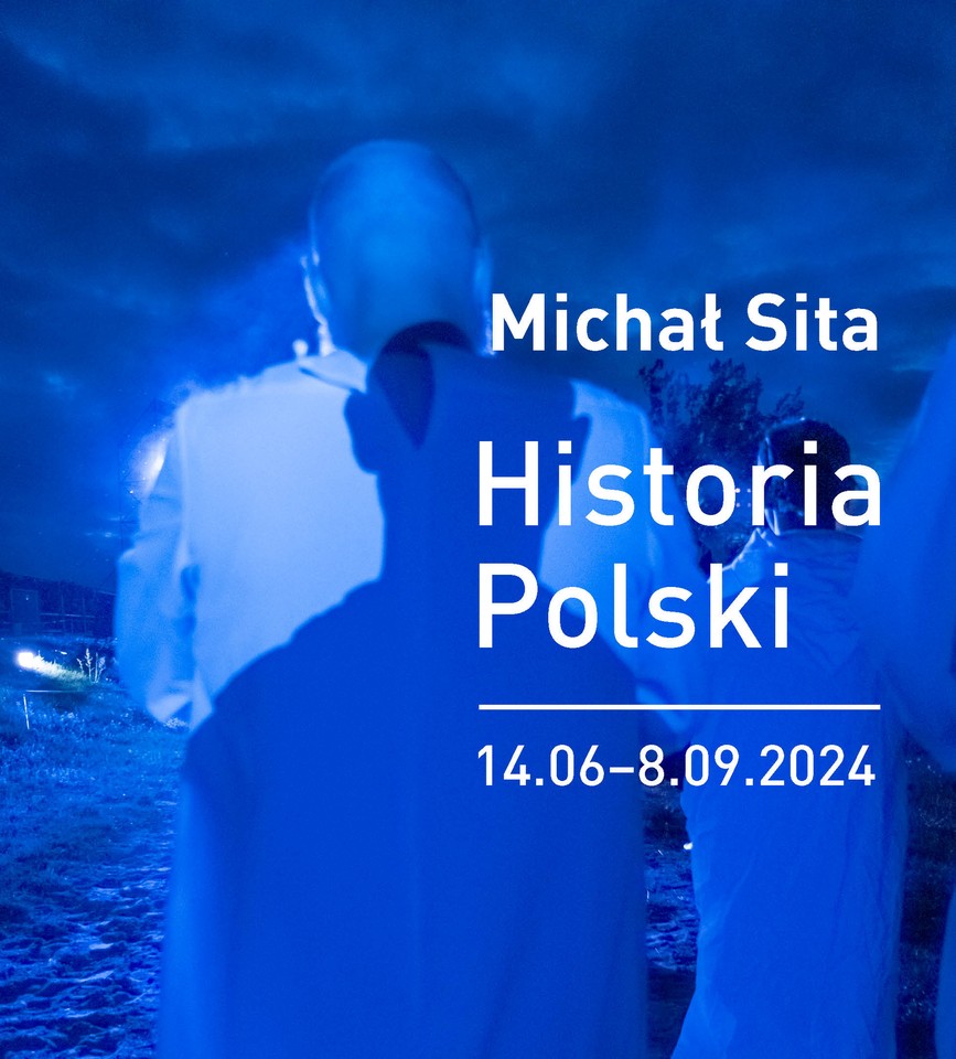 Photo of a man standing with his back to the camera in blue colors. Title of the exhibition and its start and end dates.