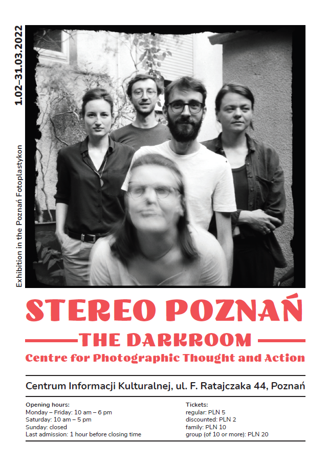 Poster with information about the exhibition and with one black and white photo from it.