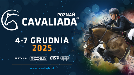On the poster, one can see the official graphic promoting Cavaliada Poznań 2025. On the left side is the distinctive Cavaliada logo - the outline of a horse's head within a circle. Next to it is a large inscription: CAVALIADA POZNAŃ®. Below are the event dates: December 4-7, 2025 (with "2025" highlighted in orange). At the very bottom is the website address: www.cavaliada.pl.