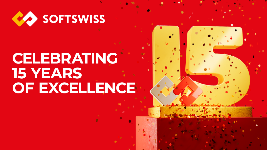 Red canva, on the left white slogan: SOFTSWISS CELEBRATING 15 YEARS OF EXCELLENCE