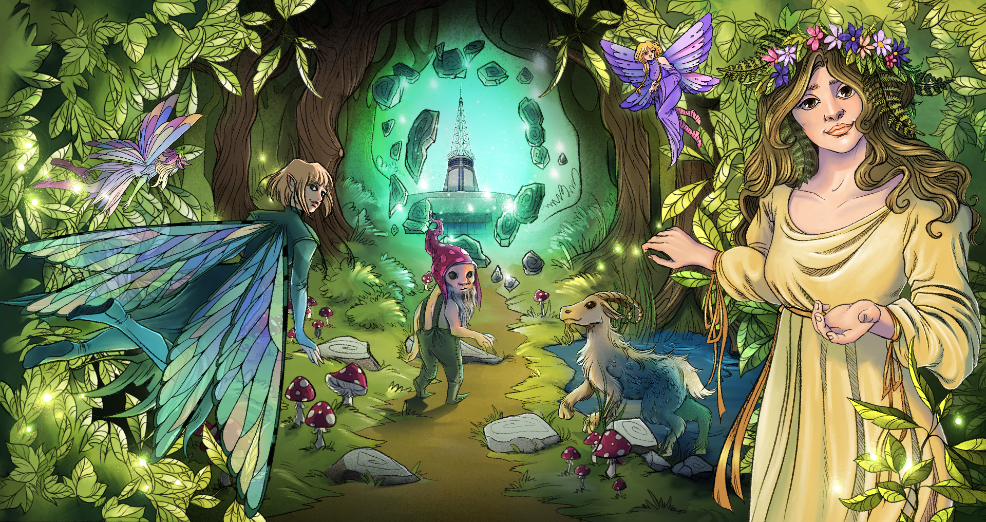 Bajkowe postacie wróżek i elfów idą magicznym lasem. Wdłuż drogi rosną muchomory i krzewy. W pochodzie uczestniczy także koziołek. Na końcu drogi jest otwarty portal, który przenosi na Targi Poznańskie. Kobieta w żółtej sukience i z wiankiem na głowie wyciąga ręke do oglądającego.