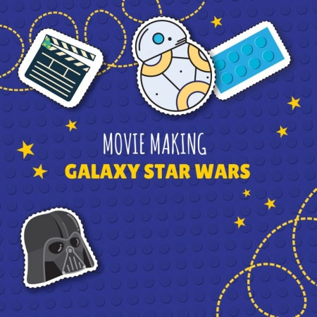 Baner wydarzenia: duży granatowy kolcek lego na nim napisy, gwiazdki, maska dartha Vadera, robot i klocek.