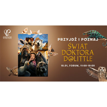 Baner wydarzenia: doktor Dolittle wśród zwierząt (pies, niedźwiedź polarny, gęś, żyrafa, goryl).