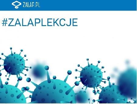 Na dole niebieskie wirusy - kule z igłami zakończonymi małymi kulkami, na górze tekst.