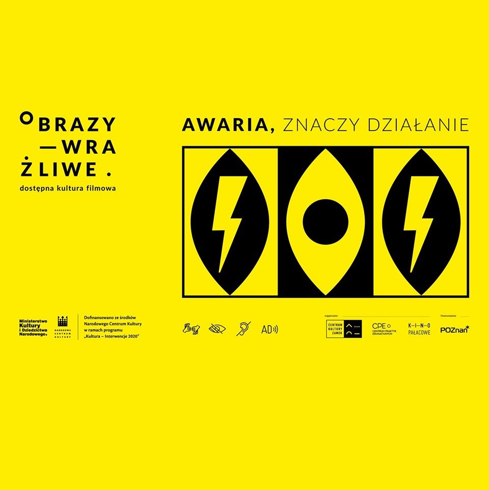 Abstrakcyjna grafika po prawej stronie (w prostokącie symbole m.in. błyskawicy), żółte tło, czarny napis - tytuł wydarzenia