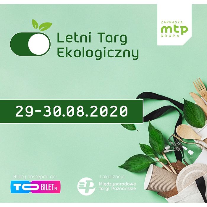 Na zielonym tle widnieje napis "Letni Targ Towarzyski" oraz przedział czasowy 29-30 sierpnia 2020 roku, Poza tym widać ekologiczne przybory kuchenne.
