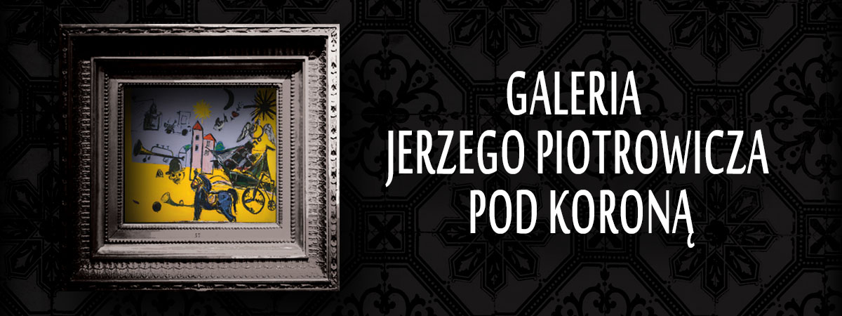Na czarnym tle w srebrnej ramie widać jeden z obrazów z galerii Jerzego Piotrowicza (abstrakcja).