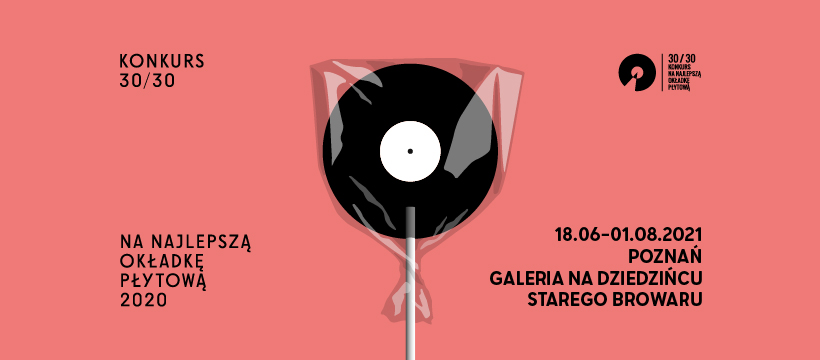 Na pomarańczowym tlr informacj o wystawie i lizak zrobiony z płyty na patyczku w celofanie.