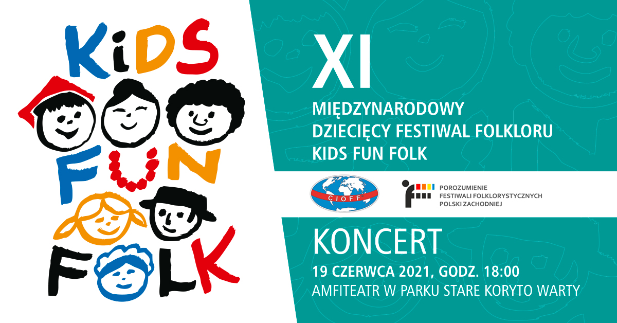 Kolorowy napis z nazwą festiwalu i rysunki głów dzieci.