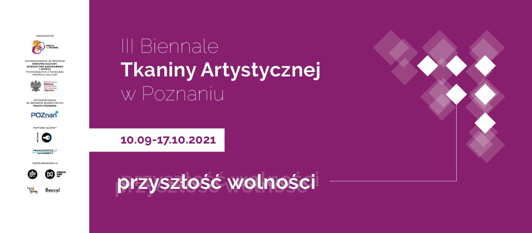 Fioletowy baner z nazwą wydarzenia.