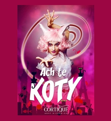 Na banerze napis "Ach te koty" i zdjęcie jednej z artystek ze sztuki.