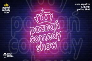 Na niebieskim tle filoetowy napis jażeniówkami "poznań comedy show".