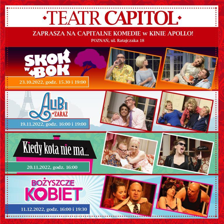 Zdjęcia aktorów występujących w spektaklu i nazwa wydarzenia.
