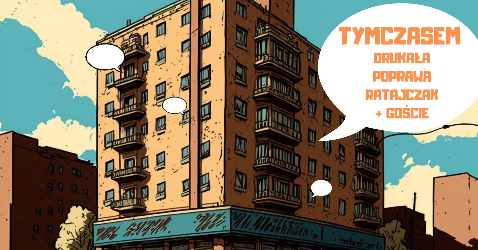 Baner promujący wydarzenie. Rysunek bloku i lista artystów.