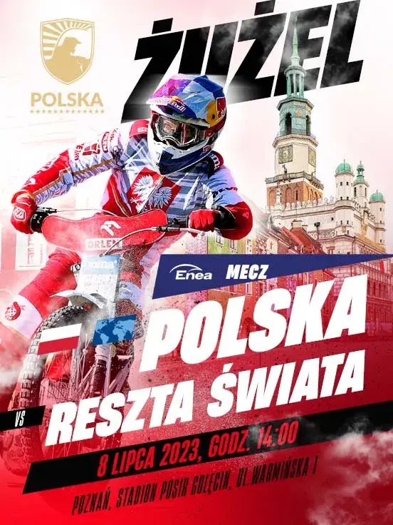 Baner promujący wydarzenie. Nazwa wydarzenia i data. Zdjęcie ratusza poznańskiego i żużlowca na motorze.
