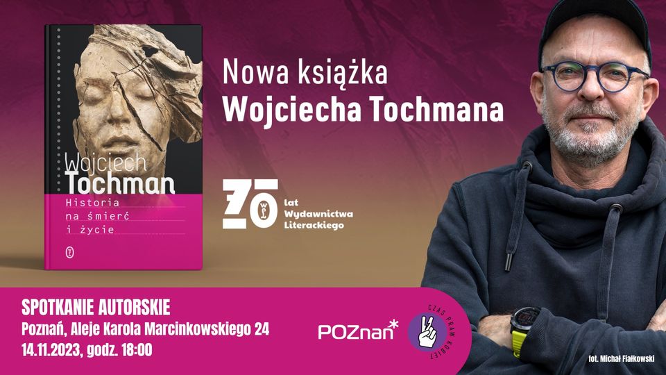Zdjęcie autora iraz okładki książki. Poaz tym informacja o miejscu i dacie wydarzenia.