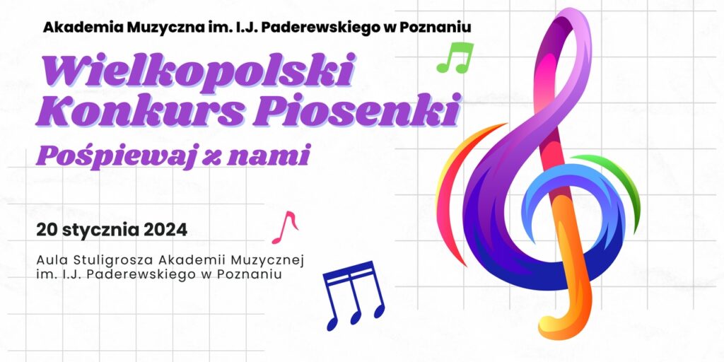 Baner promujący wydarzenie. Nazwa wydarzenia i data. Kolorowy klucz wiolinowy.