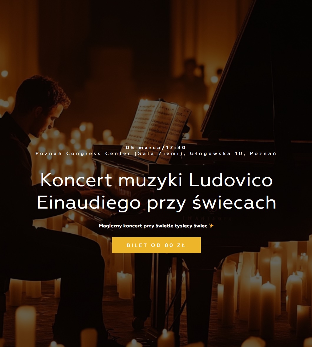 Baner promujący wydarzenie. Nazwa wydarzenia. W tle zdjęcie muzyka przy fortepianie a w około setki świec.