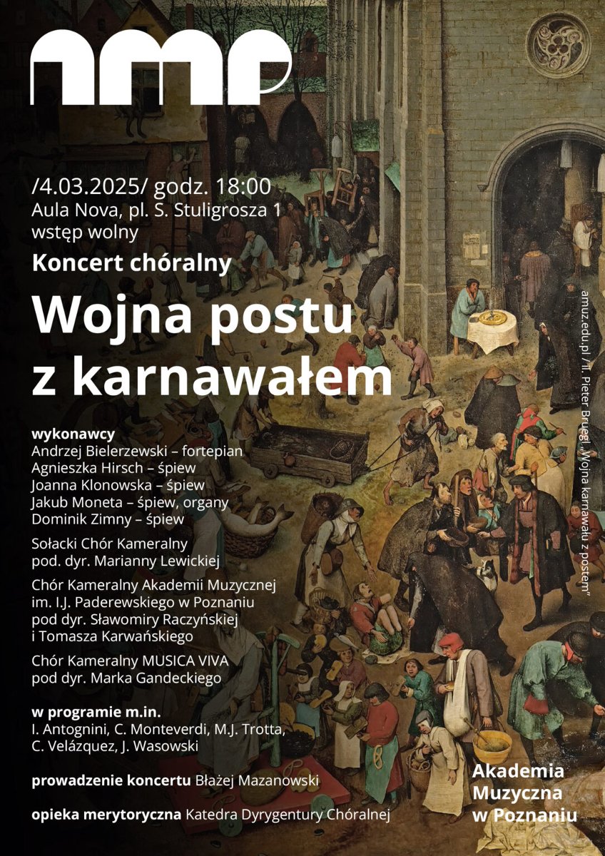 Baner promujący wydarzenie. Nazwa wydarzenia i data. W tle obraz Pietera Bruegla - Wojna postu z karnawałem.