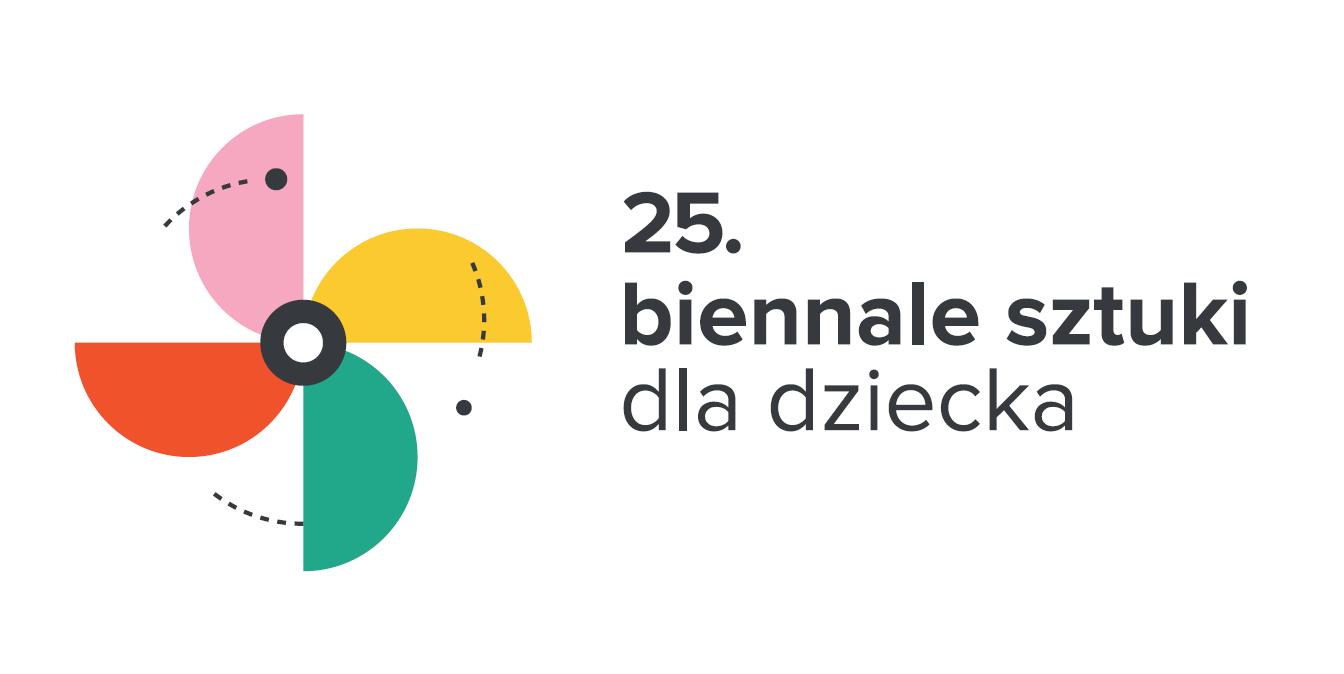 Baner, który reklamuje 25. biennale sztuki dla dziecka z symbolicznym kolorowym wiatrakiem.