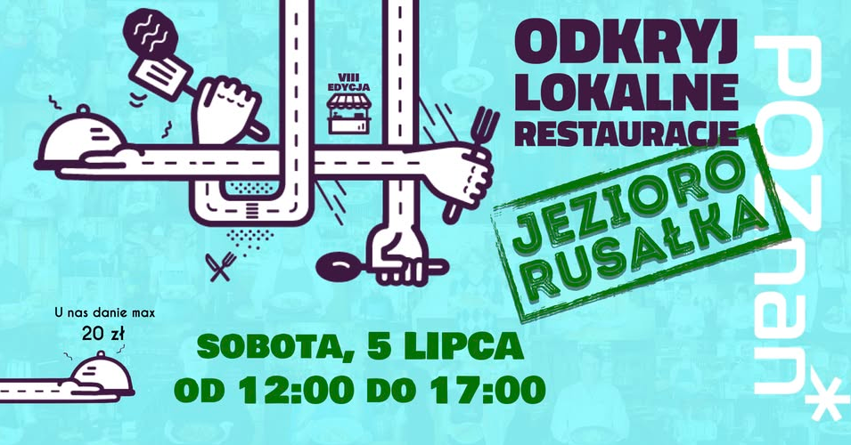 Baner, na niebieskim tle abstraksyjne krzyżujące się ręce trzymające widelec i łyżkę, z boku napisy, które informują o wydarzeniu.