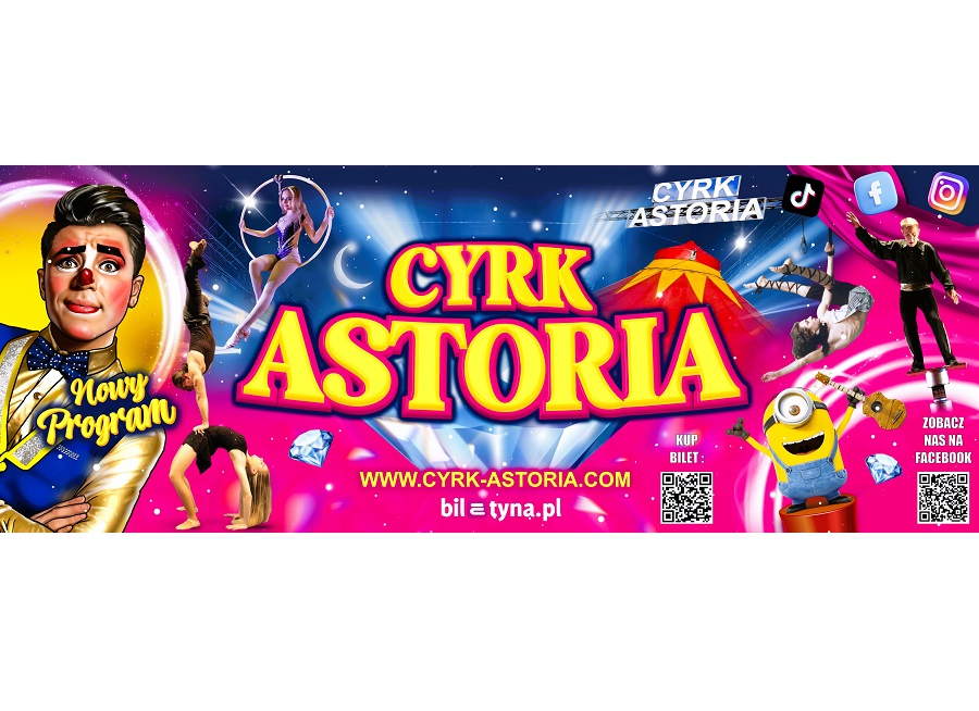 na kolorowym, niebiesko-różowym tle, zdjęcia artystów cyrkowych w trakcie występów oraz informacje o wydarzeniu: tytuł wydarzenia, adres strony internetowej oraz strony serwisu biletowego