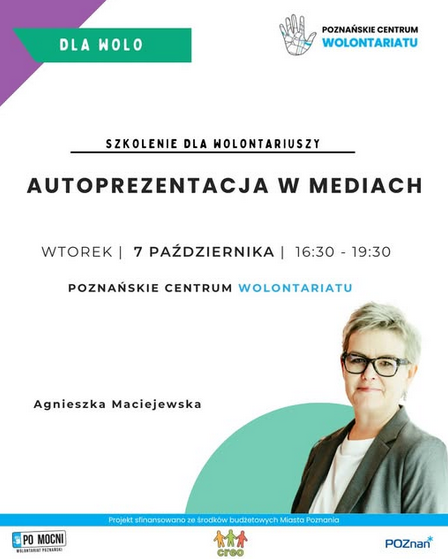 Zdjęcie kobiety w prawym dolnym rogu. Napisy na białym tle. Szczegółowe informacje na temat wydarzenia w treści artykułu.
