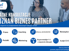 Bezpłatne konsultacje w Poznań Biznes Partner, grafika promująca. NA zdjęciu 3 osoby rozmawiają