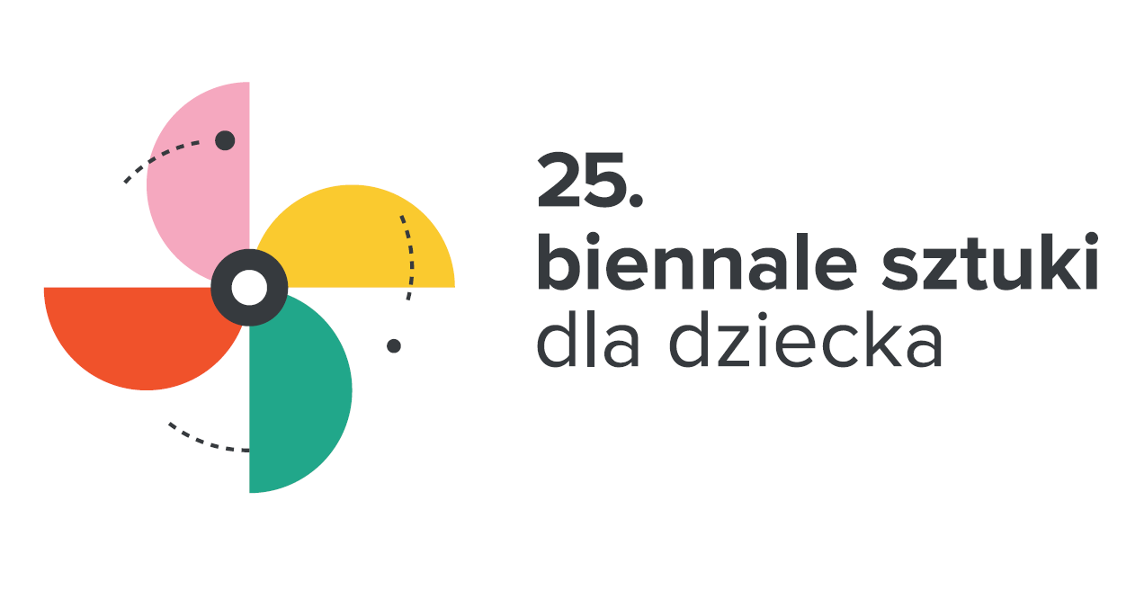Baner, który reklamuje 25. biennale sztuki dla dziecka z symbolicznym kolorowym wiatrakiem.