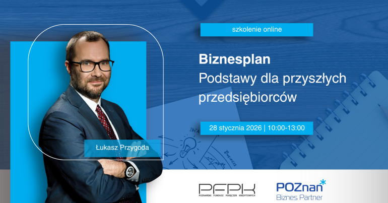 Grafika zapraszająca na szkolenie online Biznesplan - podstawy dla przyszłych przedsiębiorców