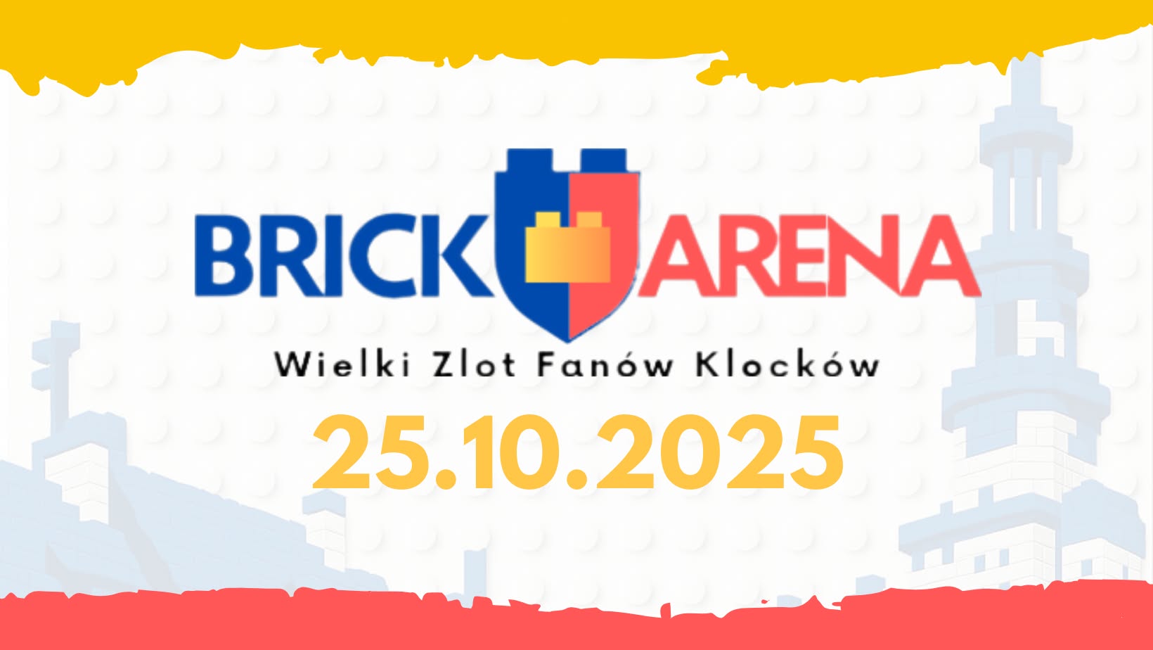 W centrum niebiesko-czerwony herb z żółtym klockiem Lego w środku. W tle konstrukcję zbudowane z klocków, które przypominają budynki.