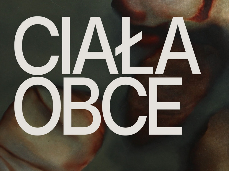 Biały napis Ciała obce na mazanym tle.