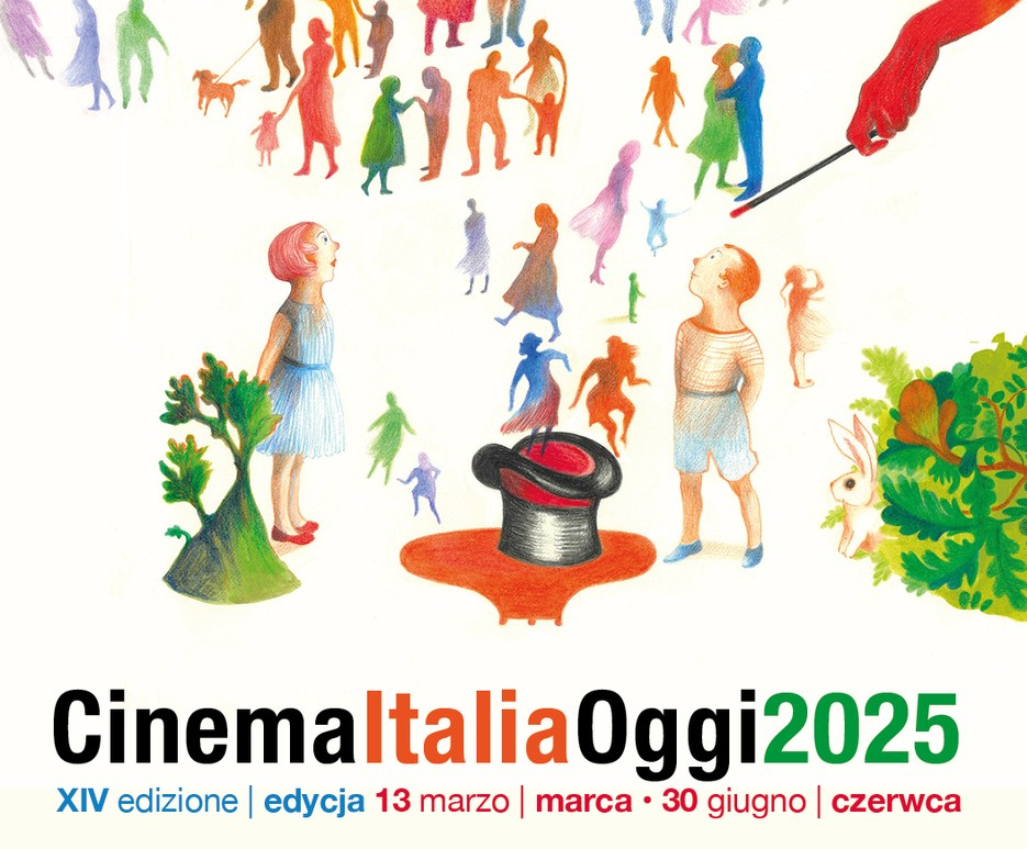 Rysunek dziewczynki i chłopca, którzy stoją przy cylindrze. Z cylinda za pomocą magicznej różdżki wychodzą kolorowe postacie ludzi. Pod spodem czarno-pomarańczowo-zielony napis "Cinema Italia Oggi 2025".