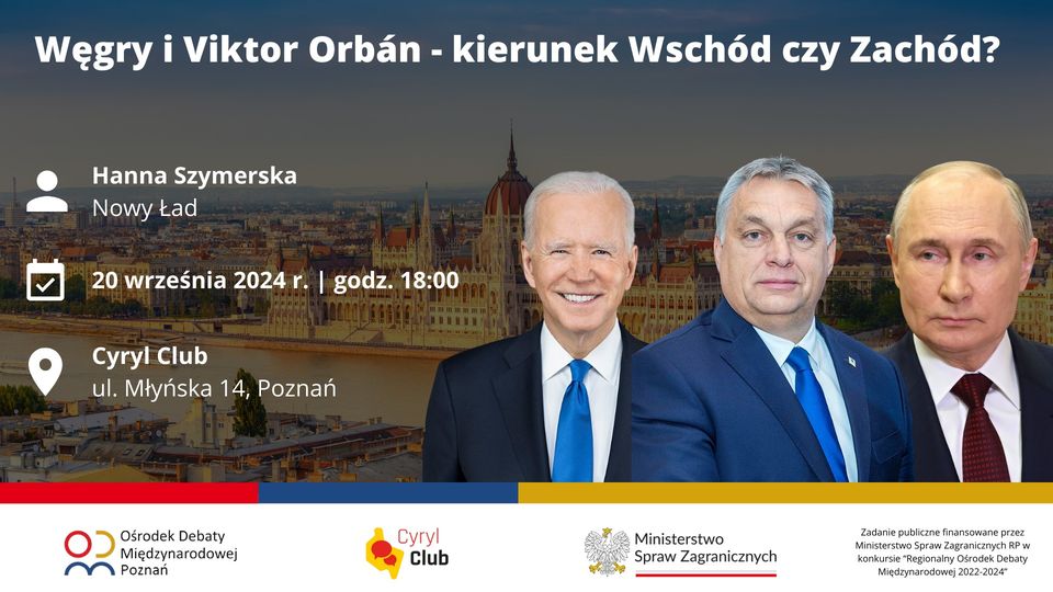 Na obrazie znajdują się trzy osoby - Władimir Putin, Joe Biden i Viktor Orban. Z bocznej strony znajduje się nazwa wydarzenia.