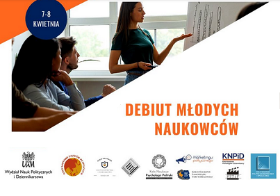 obieta wypowiadająca się na forum, obok ludzie siedzący w ławkach. Napis "DEBIUT MŁODYCH NAUKOWCÓW"
