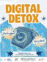 Plakat Digital detox, rozpixelowana grafika, w cetralnej częśći tradycyjny apart telefoniczny, dookoła napisy unplugged.